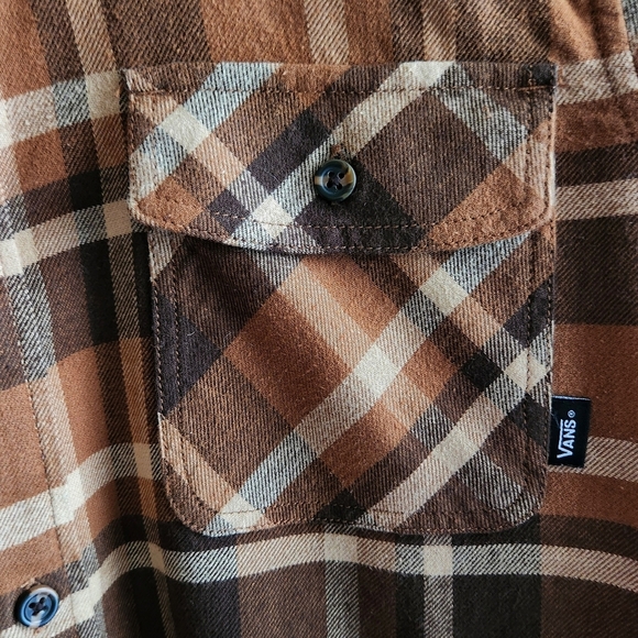 Vans Men Medium Brown Plaid Flannel Button Down Shirt Cotton Blend Tailored Fit - Picture 3 of 7